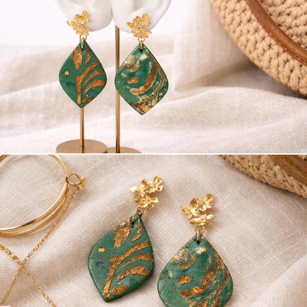 Handmade Green & Gold Polymer Clay Earrings 18K Gold Plate Lightweight Statement